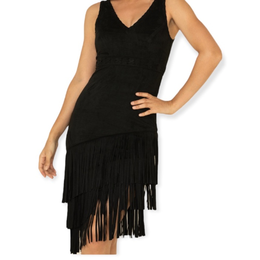 Idyllwind Black V-Neck Fringe Mini Dress - Picture 2 of 13